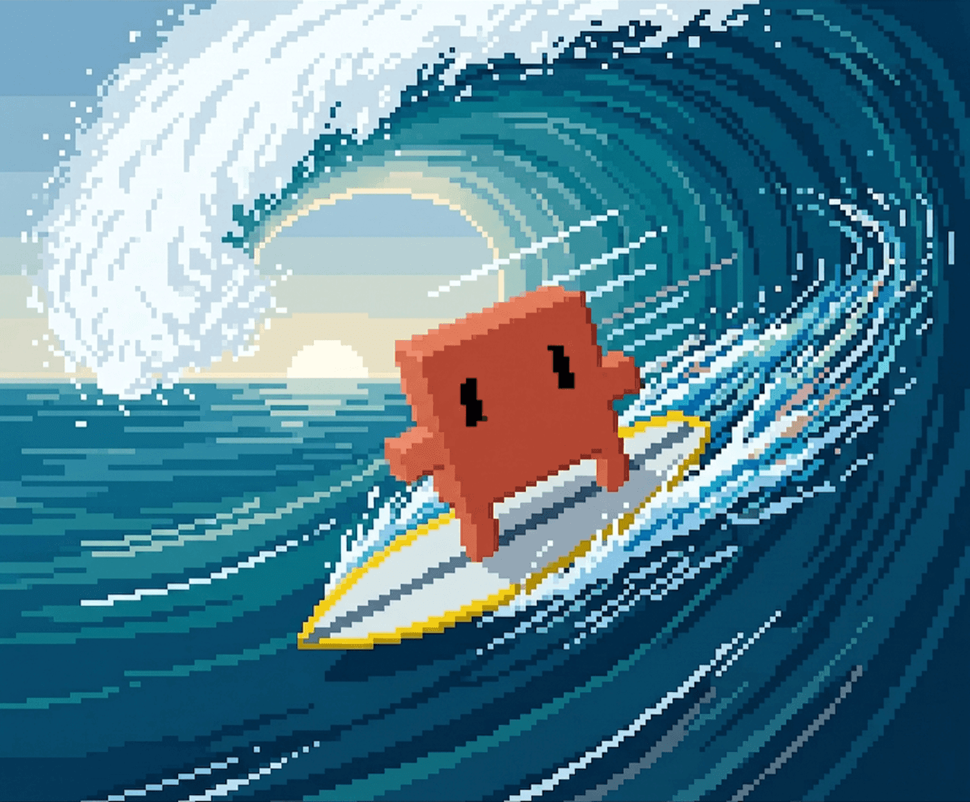 Q, the Kubus mascot, surfing a wave